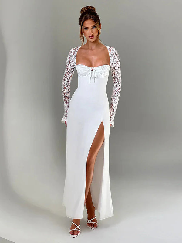 Lace Insert Long Sleeve Split Slim Fit Party Dress - Fashionpara