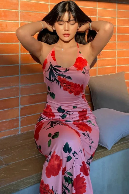 Floral Print Plunge Backless Satin Maxi Dress