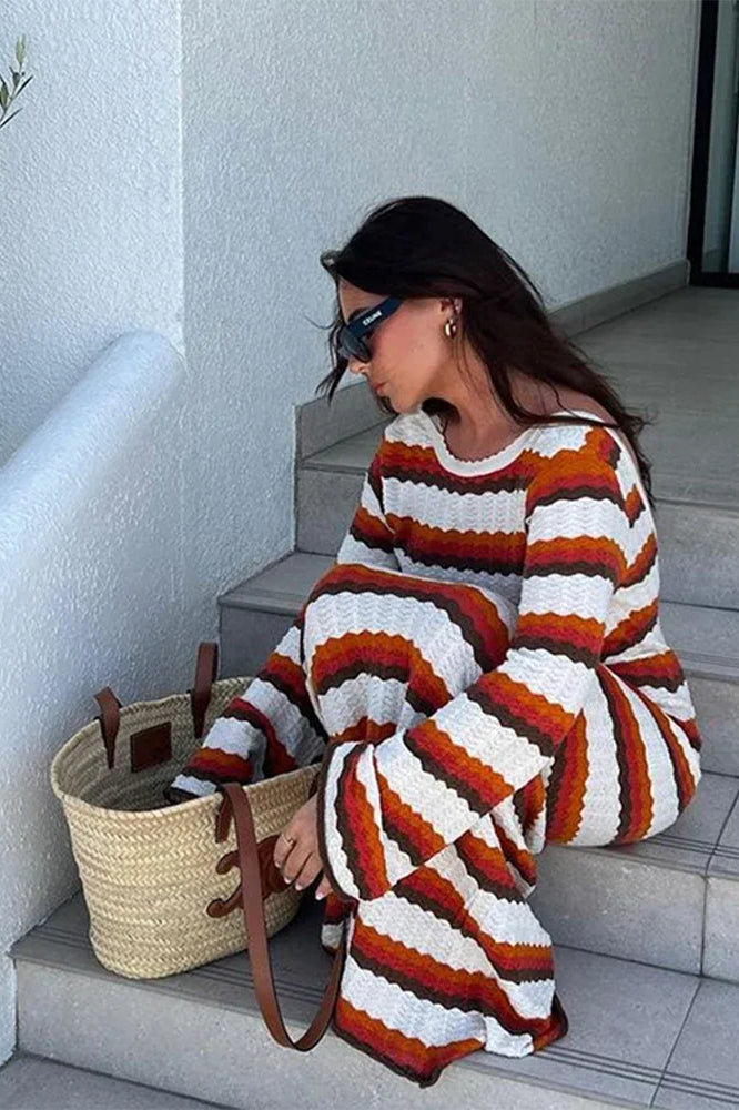 Striped Crochet Knit Long Sleeve Maxi Dress