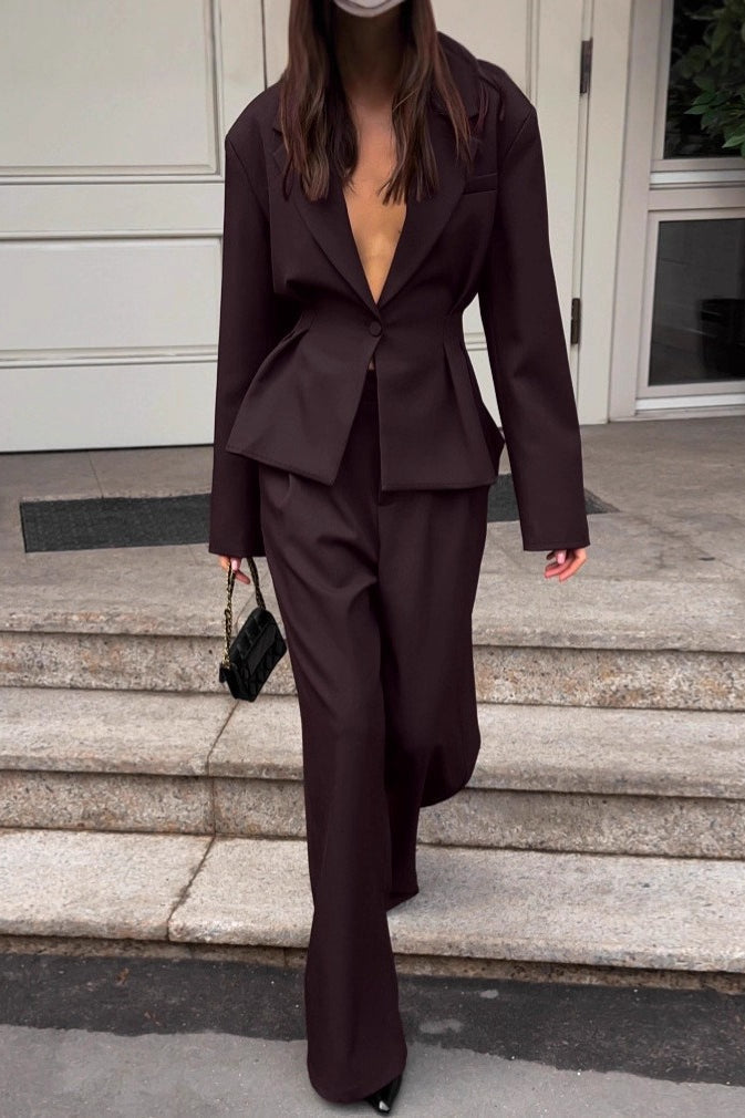 Office Waist Cinched Blazer Pants Two Piece Set