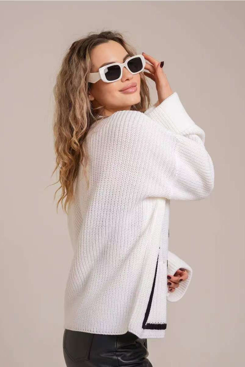 Colorblock V-Neck Knit Cardigan with Practical Pockets