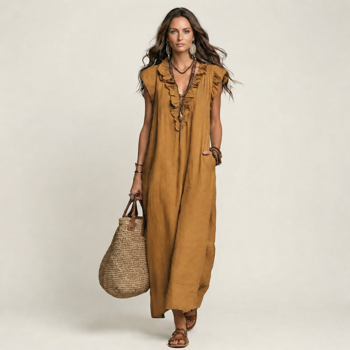 Ruffle V-Neck Sleeveless Linen Look Maxi Dress 7