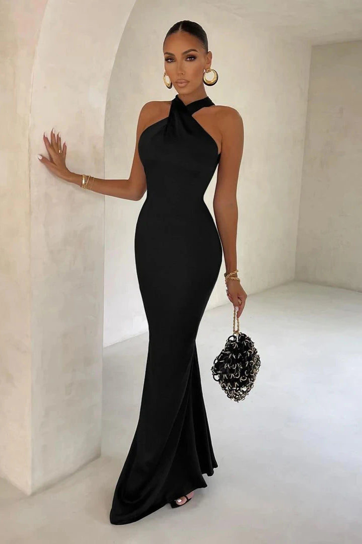 Halter Neck Cross Front Mermaid Maxi Gown