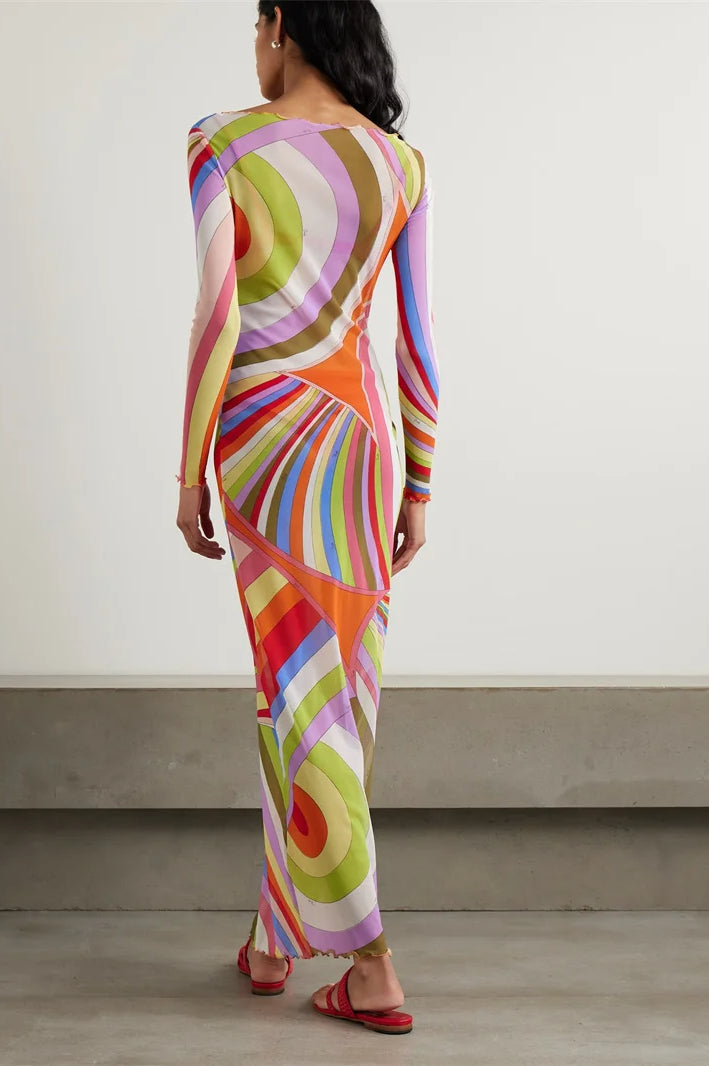 Striped Print Mesh See-Through Patchwork Maxi Dress