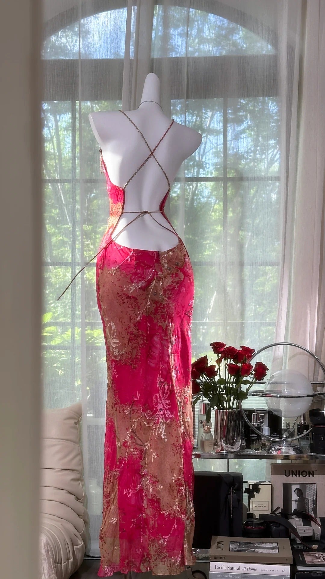 Vintage Rose Pink Floral Mermaid Backless Chiffon Long Prom Dress Evening Dress P4034
