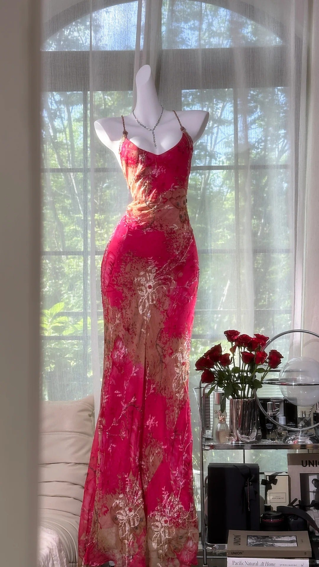 Vintage Rose Pink Floral Mermaid Backless Chiffon Long Prom Dress Evening Dress P4034