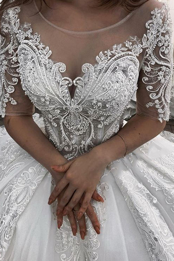 3/4 Sleeves Ball Gown Wedding Dress Lace Appliques With Beads - Fashionpara