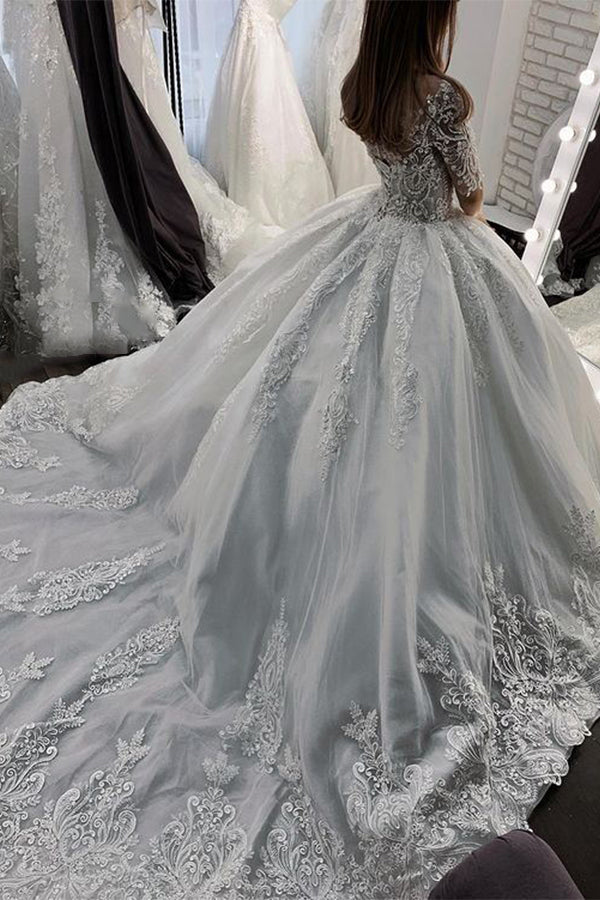 3/4 Sleeves Ball Gown Wedding Dress Lace Appliques With Beads - Fashionpara