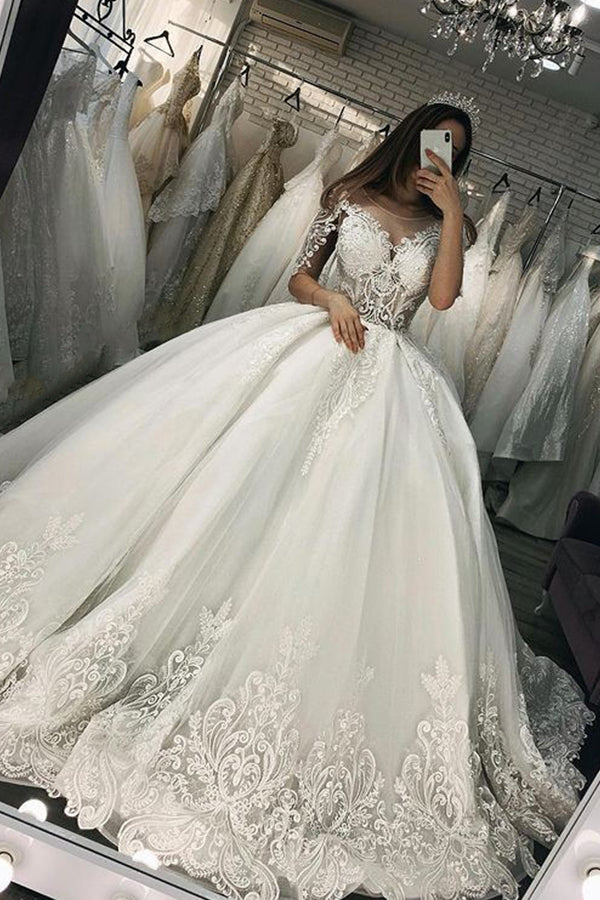 3/4 Sleeves Ball Gown Wedding Dress Lace Appliques With Beads - Fashionpara
