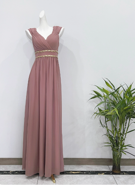 Elegant Dusty Pink A-Line Spaghetti Strap V-Neck Chiffon Long Prom Dress Evening Dress P4340