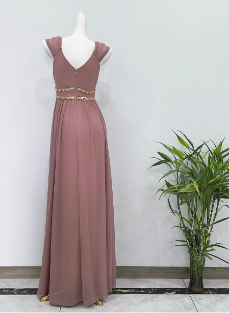Elegant Dusty Pink A-Line Spaghetti Strap V-Neck Chiffon Long Prom Dress Evening Dress P4340