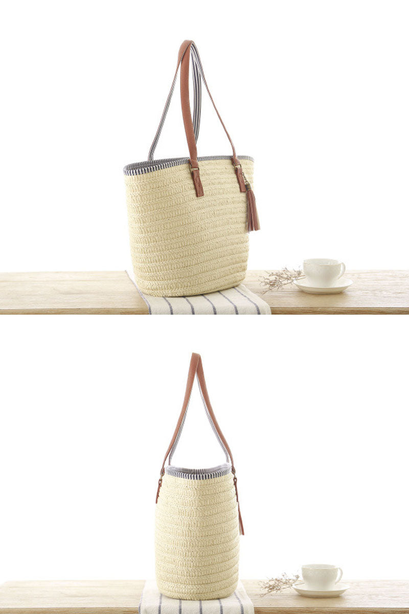 Trendy Leather Straps Woven Straw Beach Shoulder Bag - Fashionpara