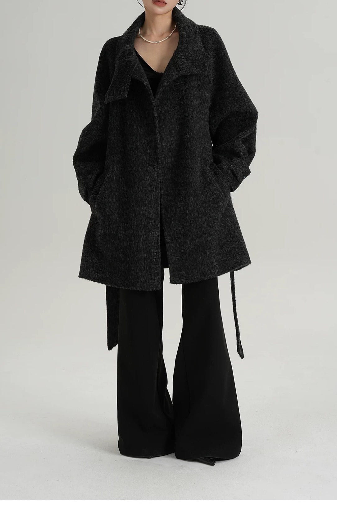 Solid Wool Warm Loose Mock-neck Coat 13