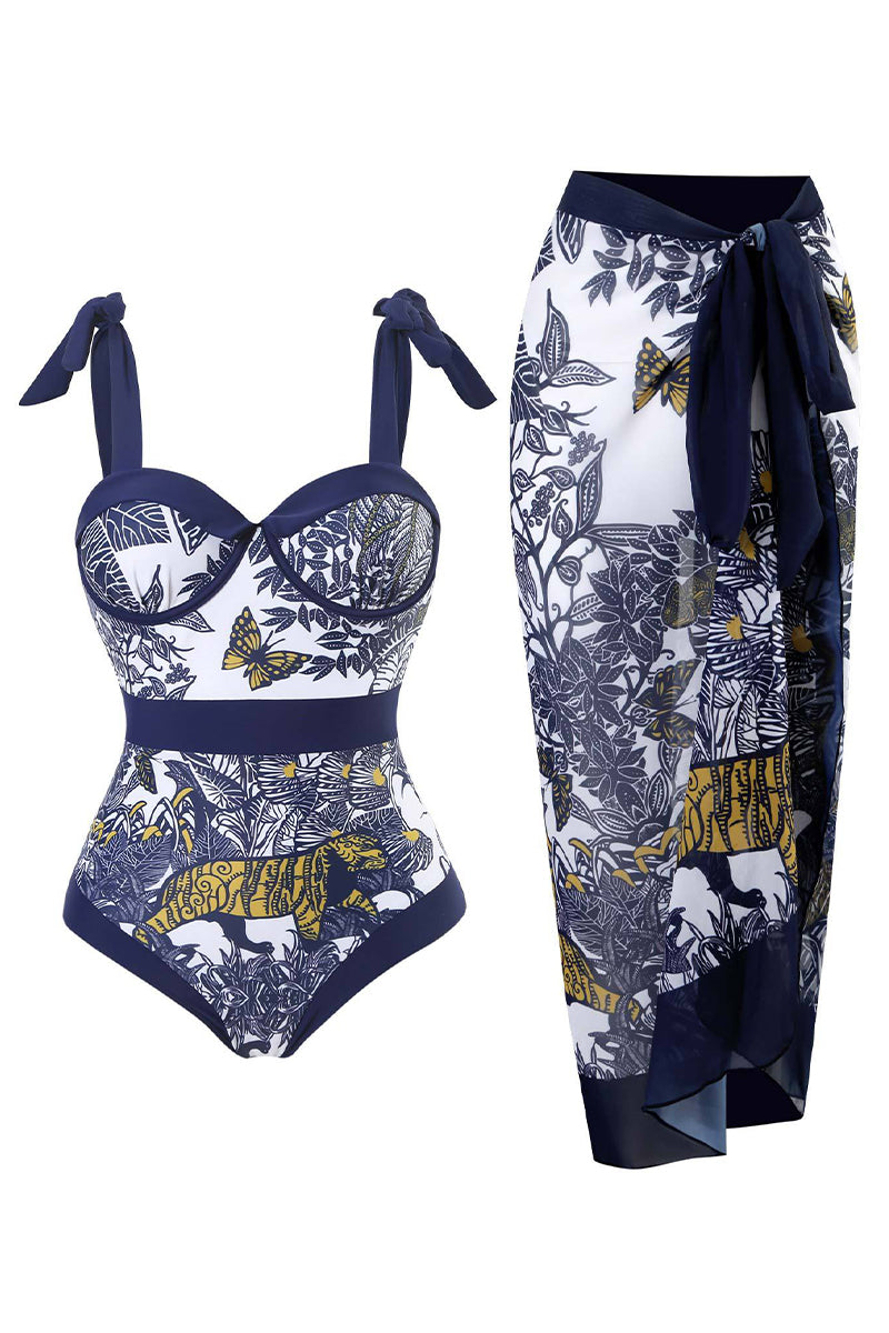 Butterfly and Tiger Print Tied Detail One Piece Swimsuit With Cover Up - Fashionpara