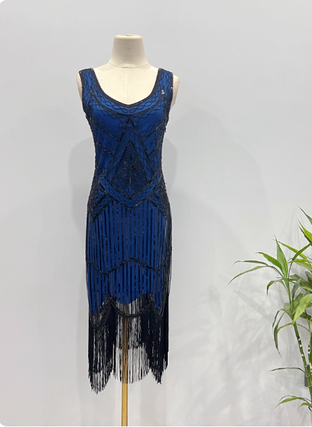 Vintage Royal Blue / Emerald Green Slim-Fit Spaghetti Strap Fringe Sequin Midi Prom Dress Evening Dress P4341