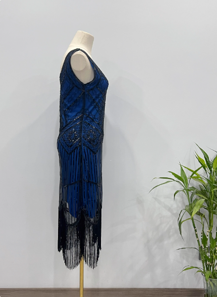 Vintage Royal Blue / Emerald Green Slim-Fit Spaghetti Strap Fringe Sequin Midi Prom Dress Evening Dress P4341