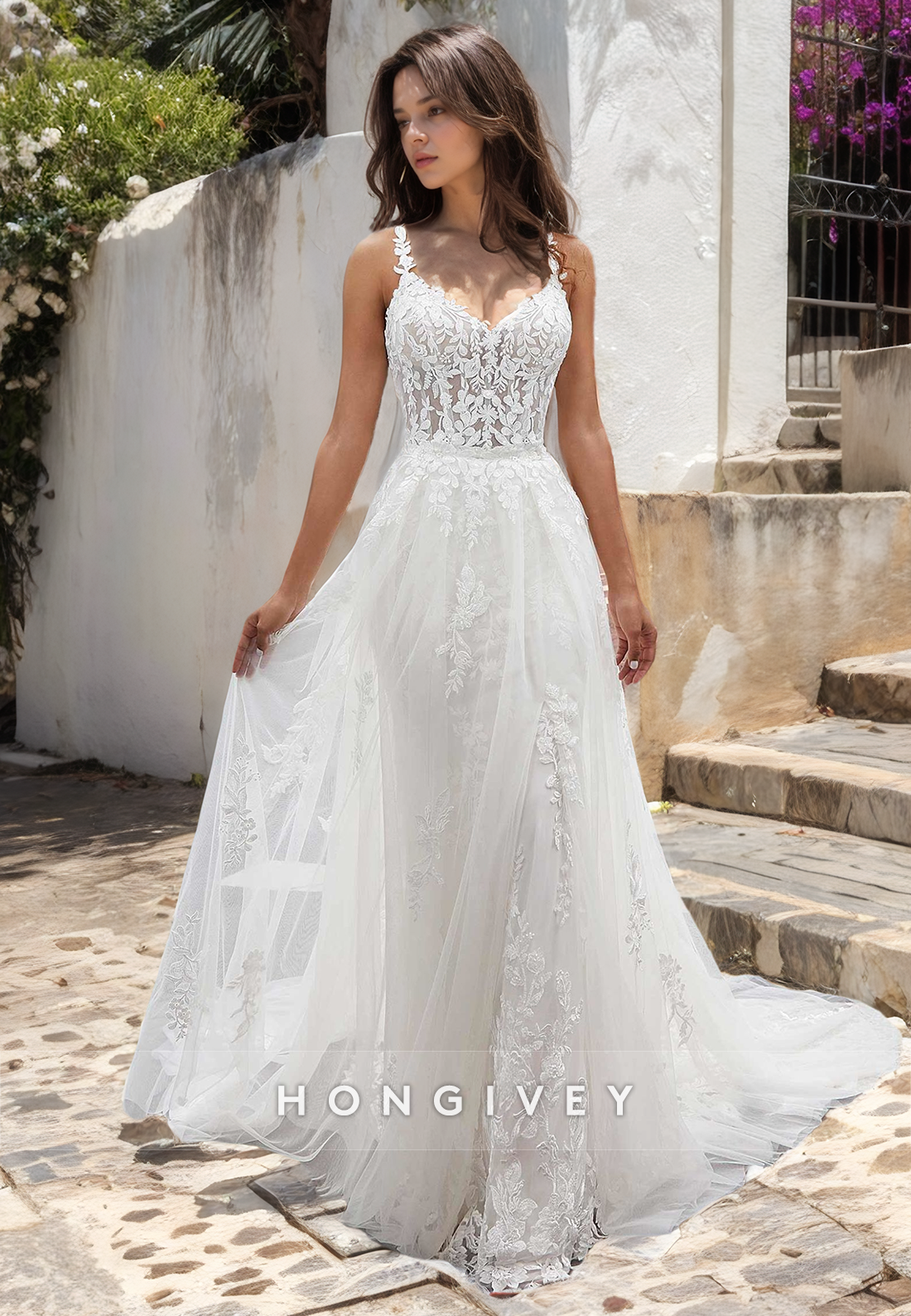 H0835 - Sheer Floral Embroidered Lace Mermaid With Overskirt And Tulle Train Pricess Wedding Dress