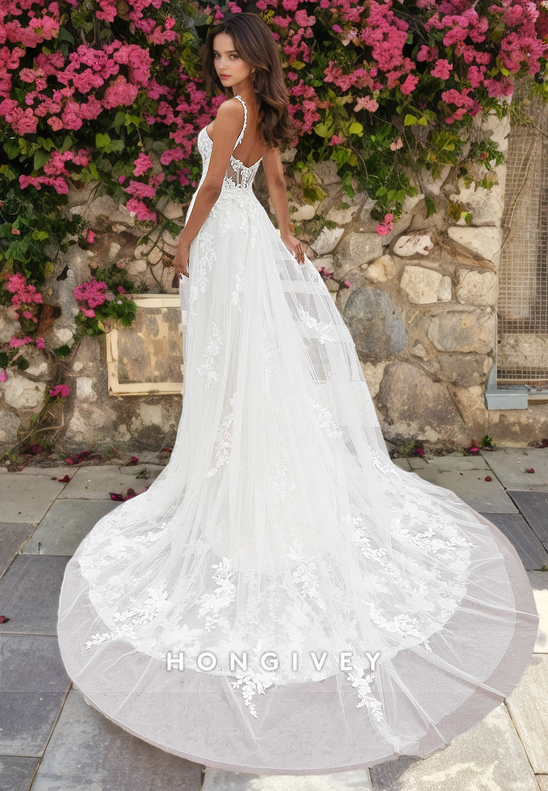 H0835 - Sheer Floral Embroidered Lace Mermaid With Overskirt And Tulle Train Pricess Wedding Dress