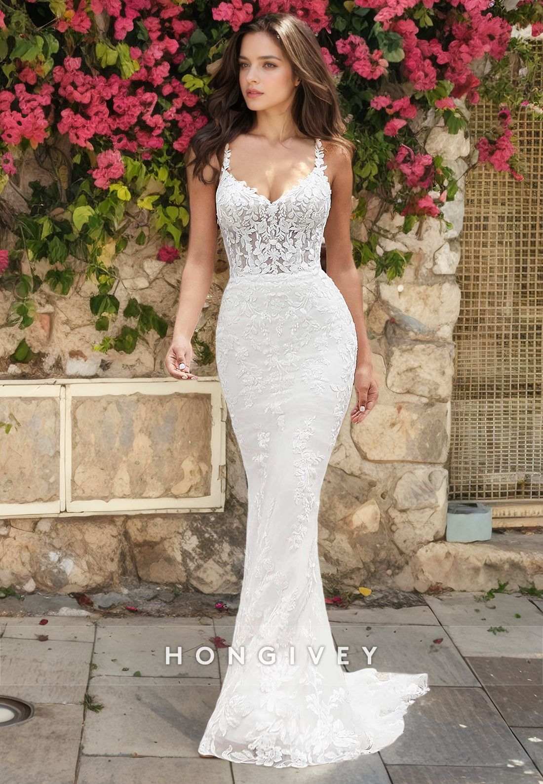 H0835 - Sheer Floral Embroidered Lace Mermaid With Overskirt And Tulle Train Pricess Wedding Dress