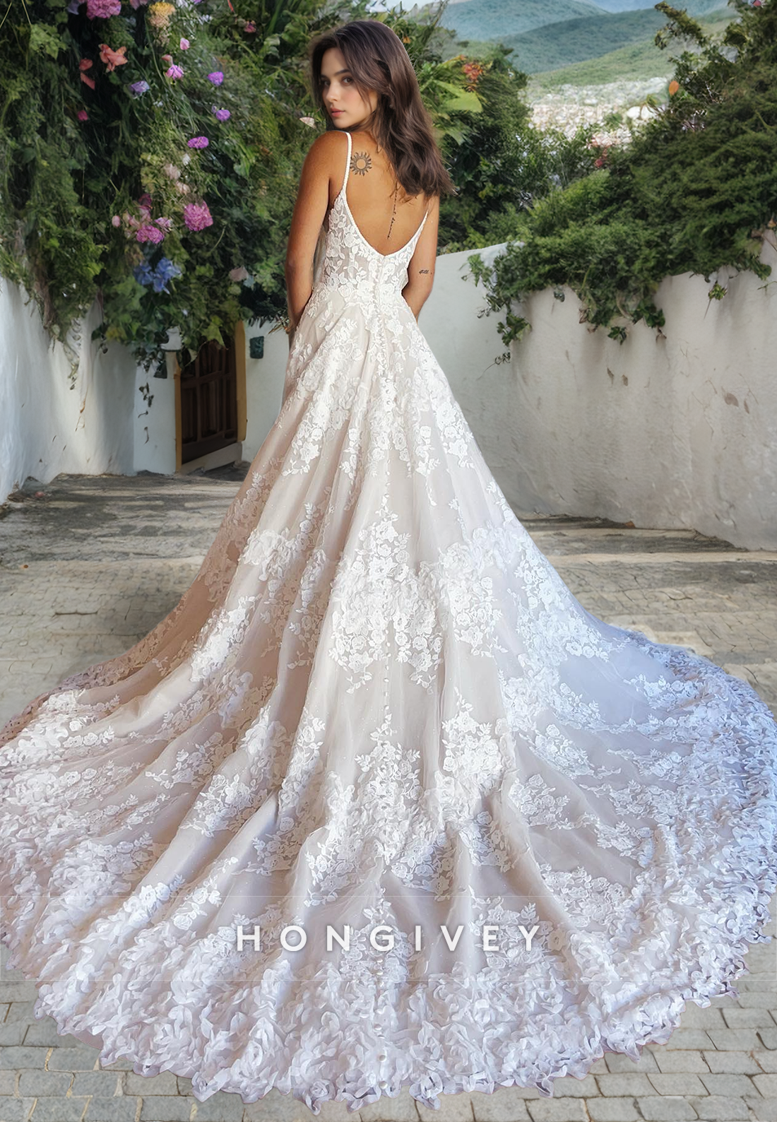 Elegant A-Line V-Neck Spaghetti Straps With Side Slit Lace Wedding Dress