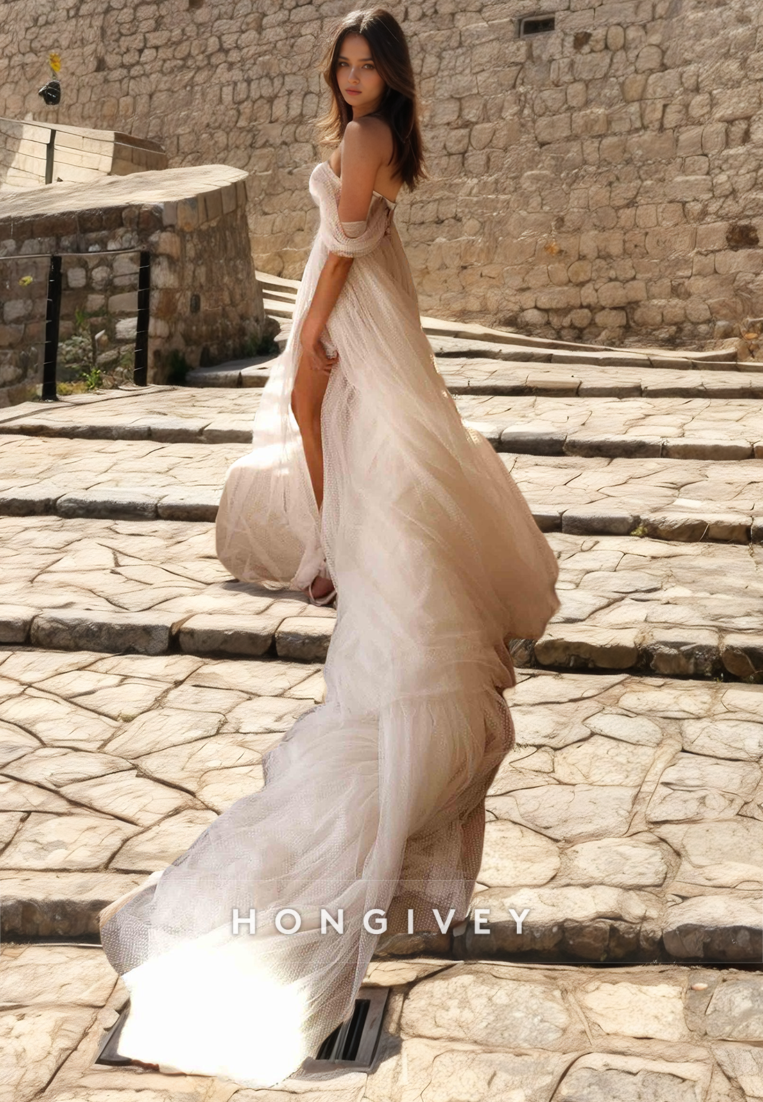 Sheer Tulle A-Line Off-Shoulder With Side Slit Wedding Dress