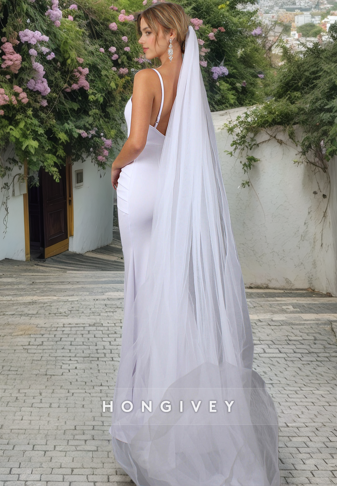 Satin Trumpet V-Neck Spaghetti Straps With Side Slit Wedding Dress
