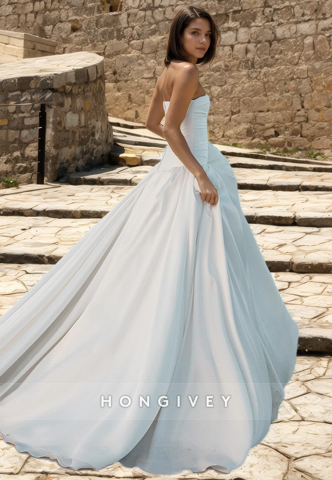 Simple Satin A-Line Strapless Sleeveless With Train Wedding Dress