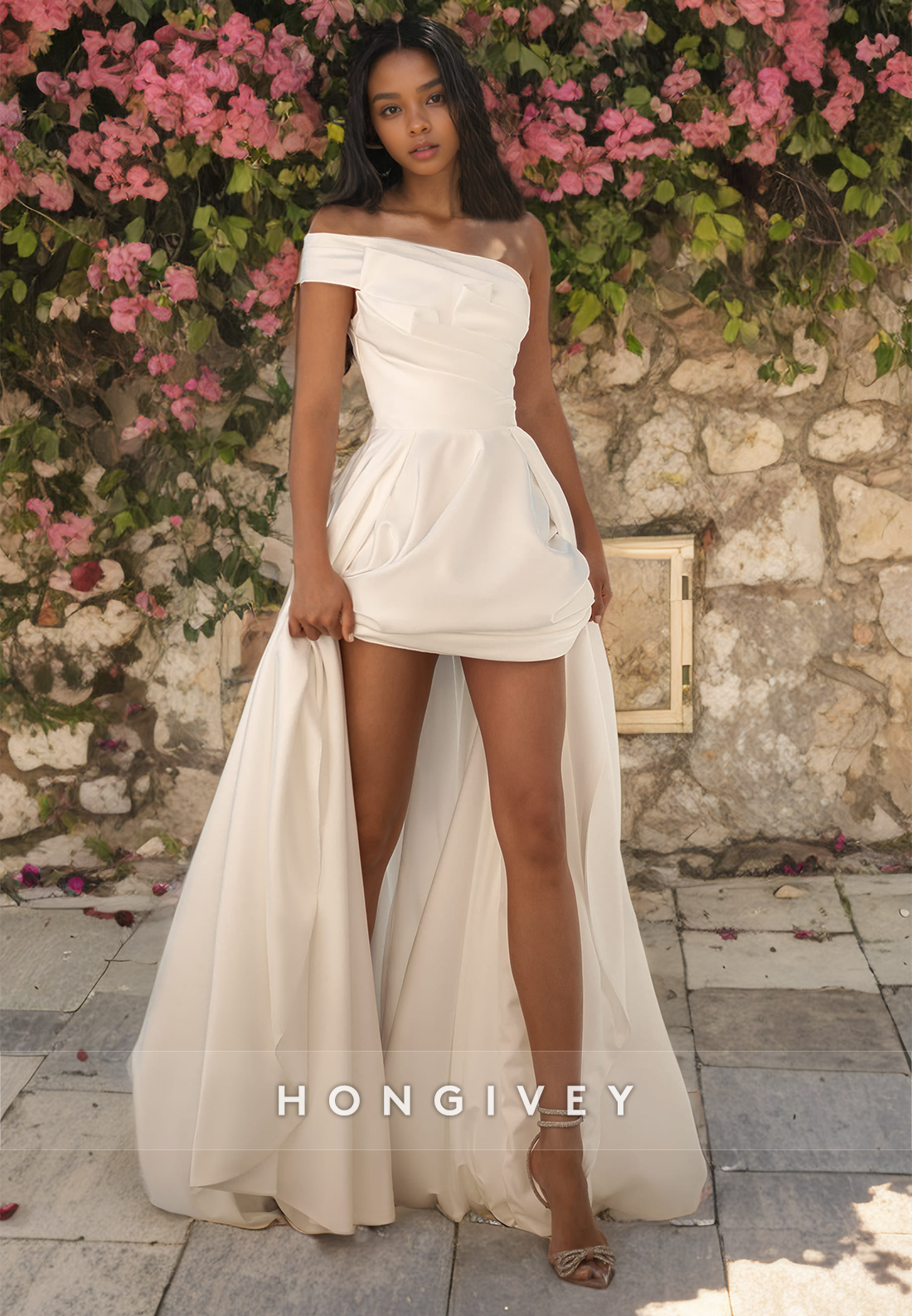 Satin A-Line One Shoulder Sleeveless With Train Wedding Dress