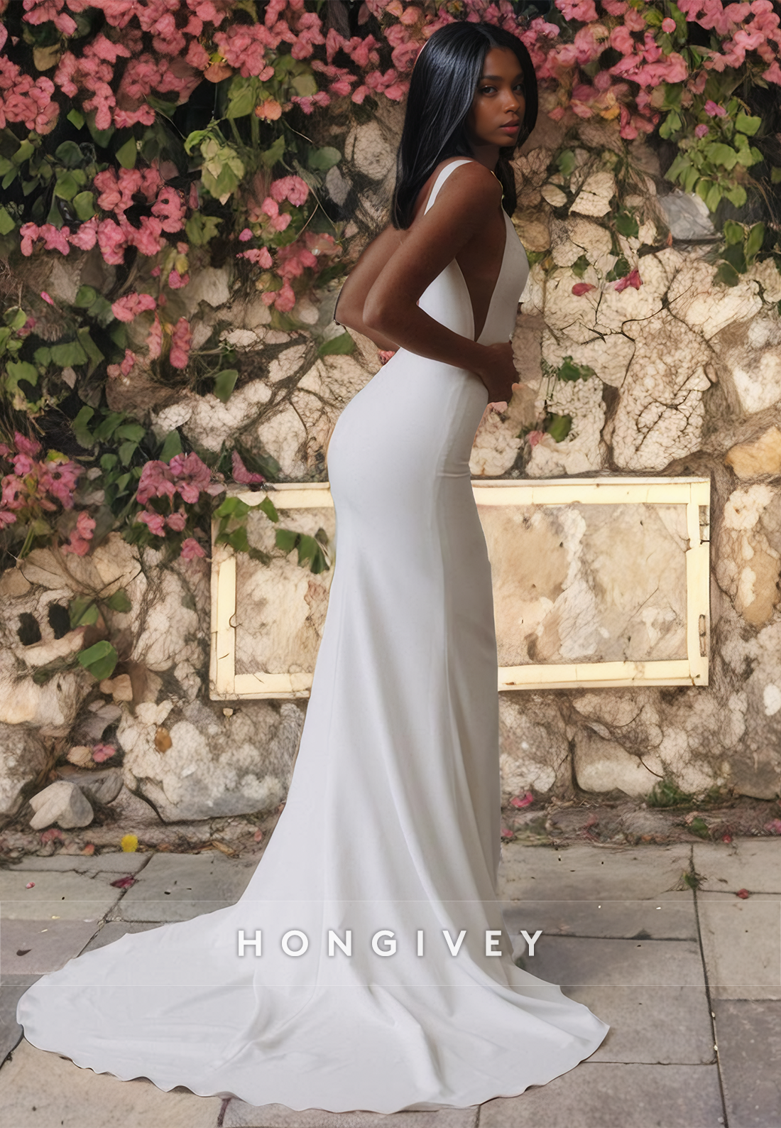 HONGIVEY Chic Sexy V-Neck Sleeveless Mermaid Satin Beach Wedding Dress 2024