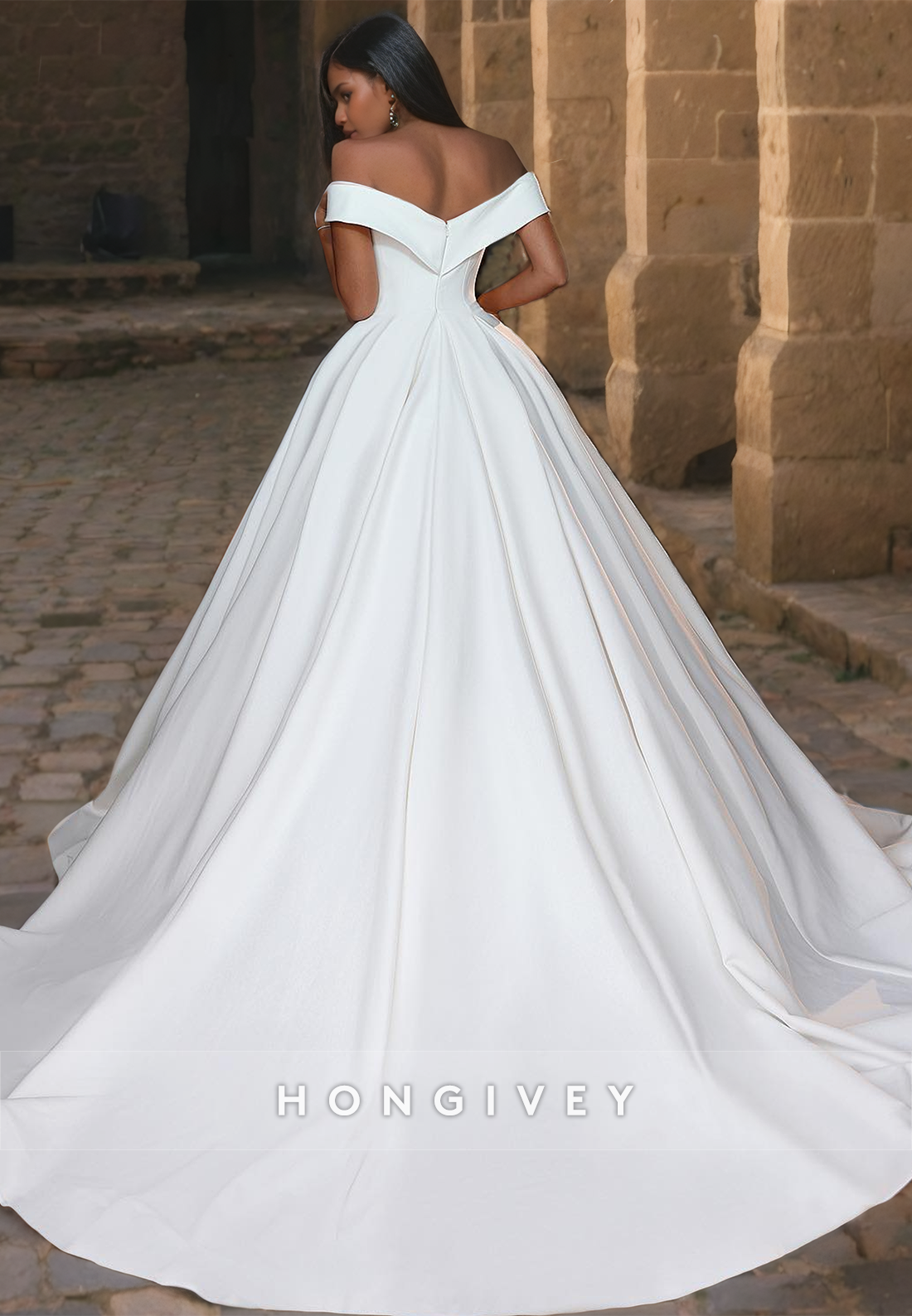 HONGIVEY Off-Shoulder Satin Wedding Dress 2024 A-Line Floor-Length Brial Gown