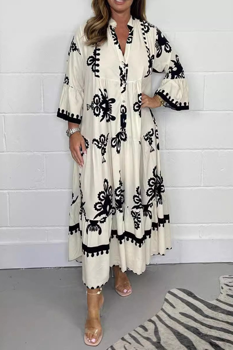 Floral Print Band Collar Puff Sleeve Tiered Maxi Dress