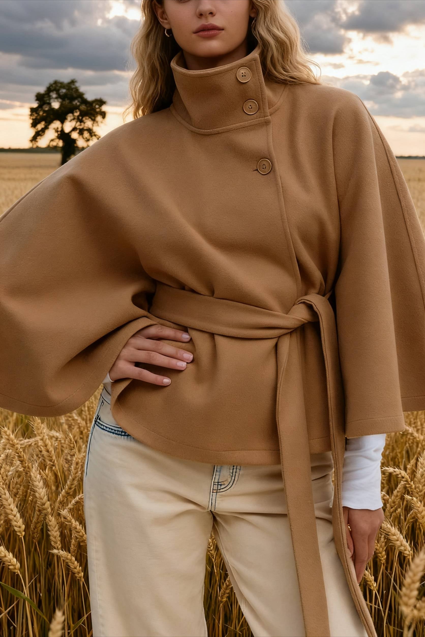 Button Up Stand Collar Cape Coat - Fashionpara