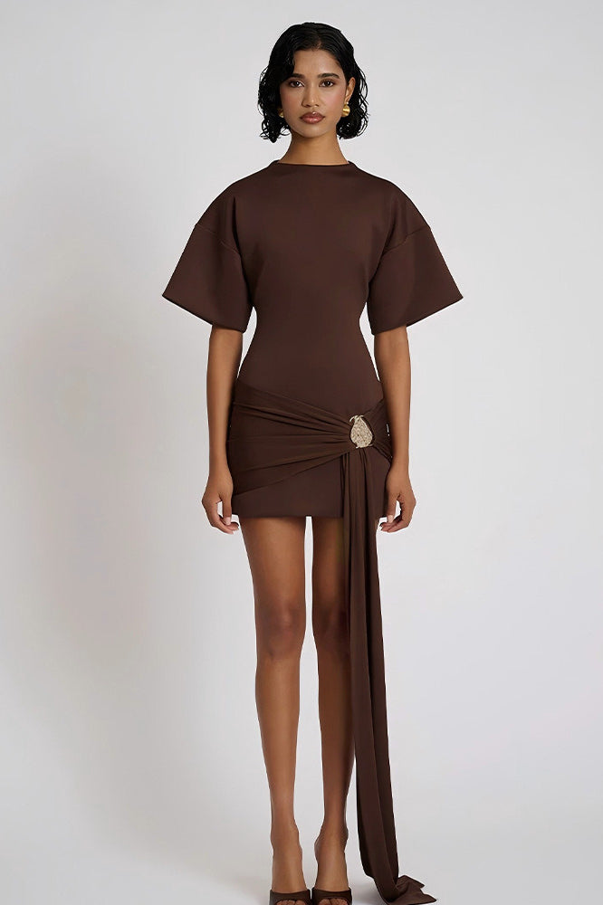 High Neck Short Sleeve Draped Wrap Mini Dress 2