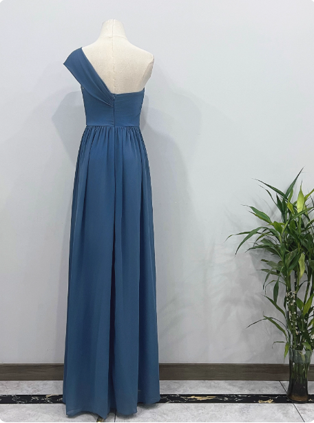Elegant Dusty Blue One-Shoulder Chiffon Prom Dress Evening Dress Bridesmaid Dress P4342