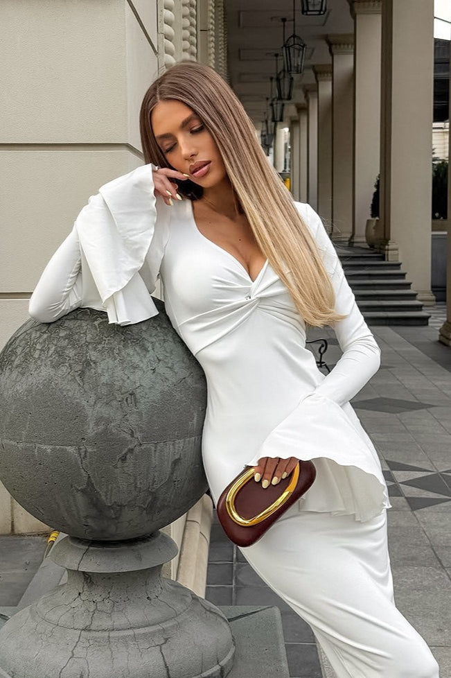 Ruffled V-neck Flare Sleeve Midi Dress