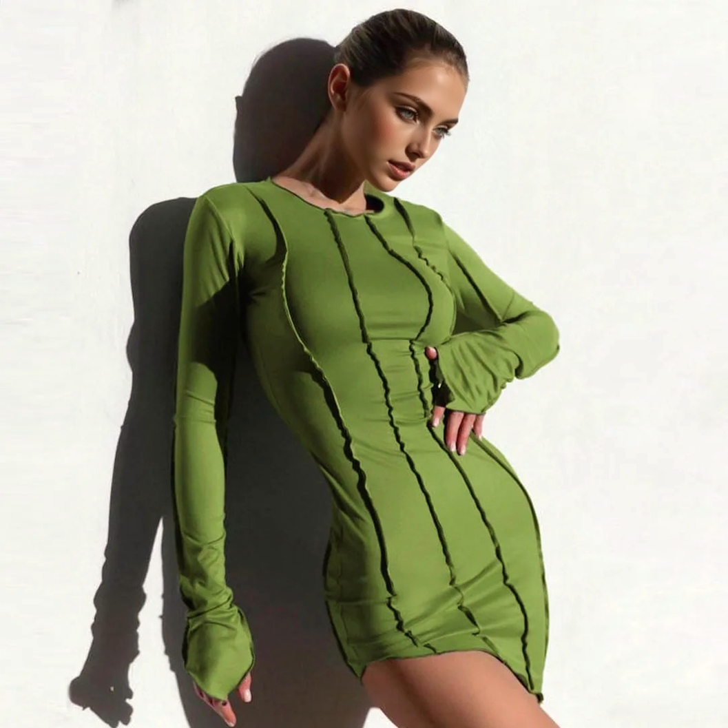 Seam-Detail Round Neck Long Sleeve Bodycon Mini Dress 2