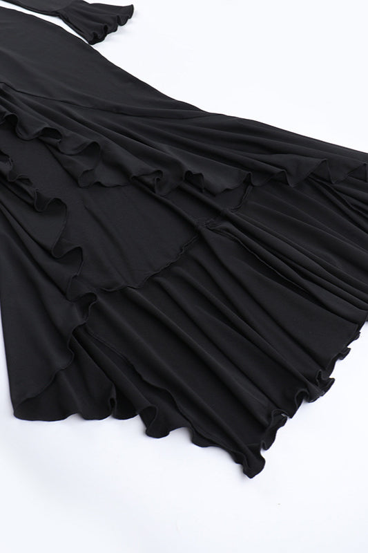 Diamond Collar Contrast Trim Ruffle Sleeve Midi Party Dress