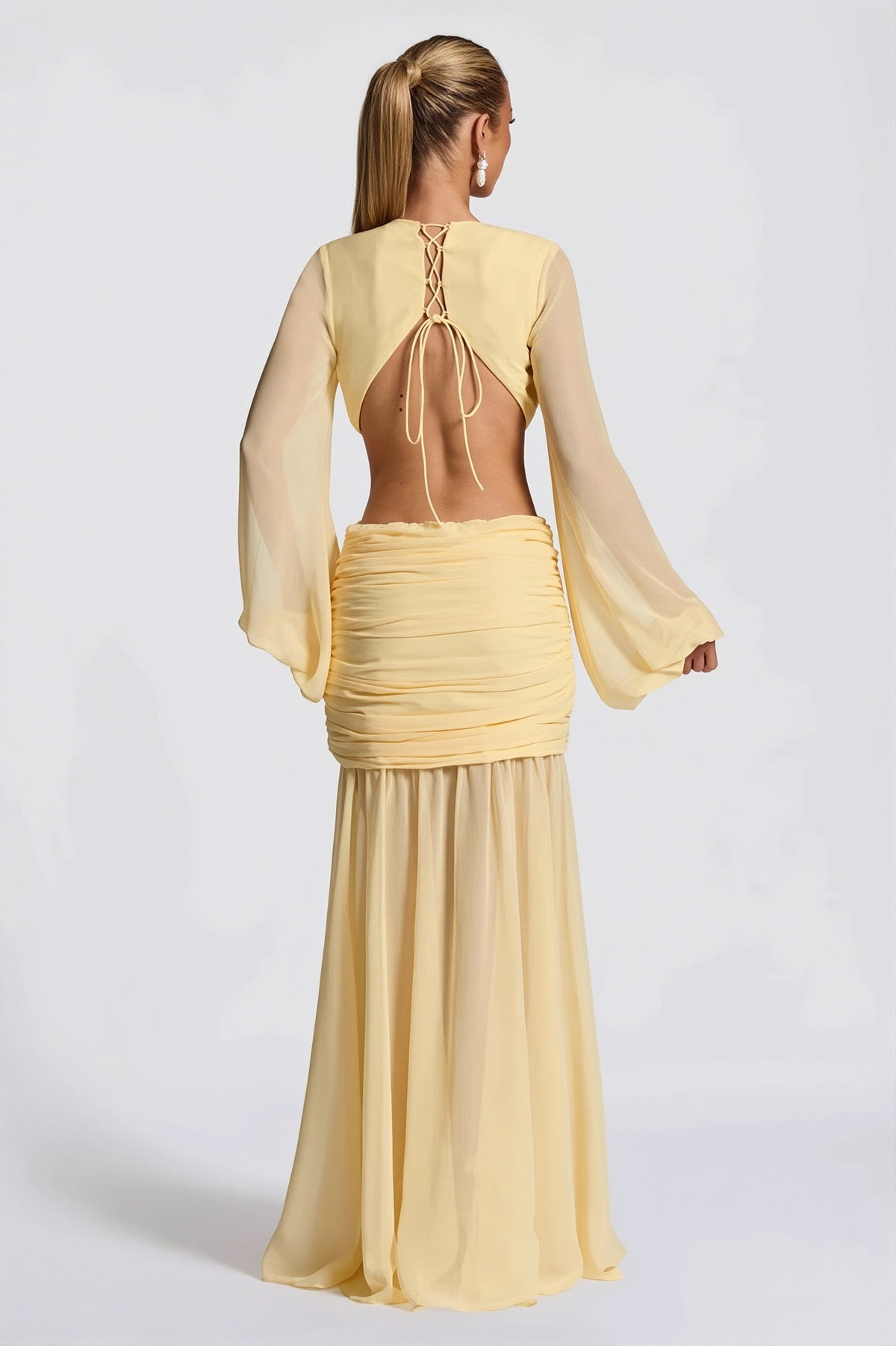 Chiffon Deep V-Neck Long Sleeve Cut Out Gown