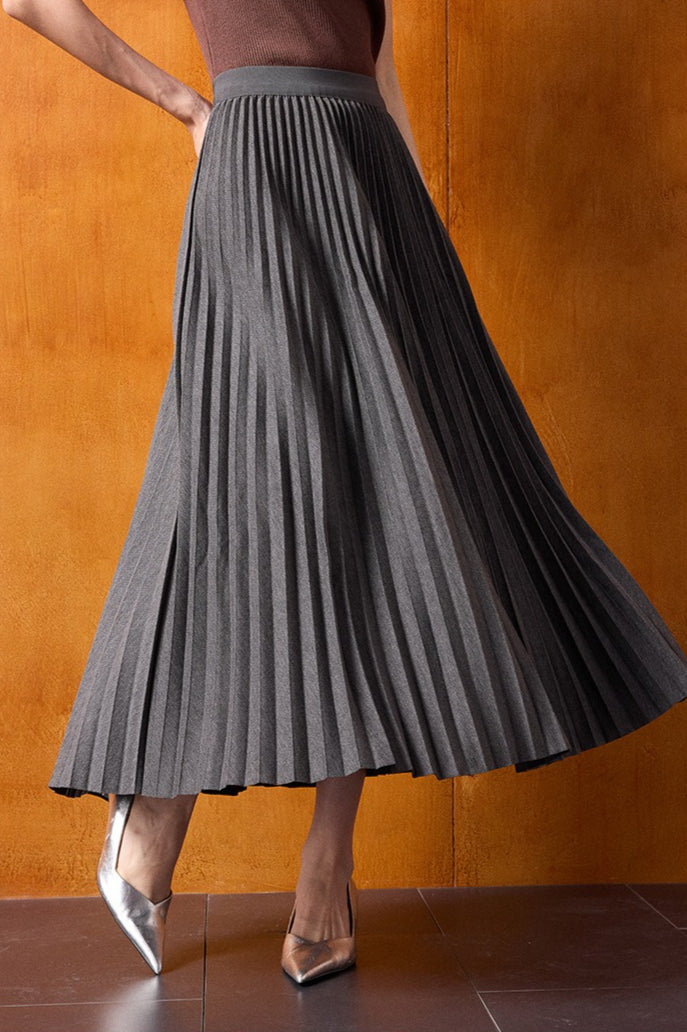 Vintage High-Waist Knit Pleated Midi Skirt