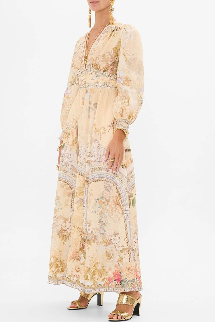 Printed V-neck Long-sleeved Puff Sleeve Waist Maxi Dress - Fashionpara