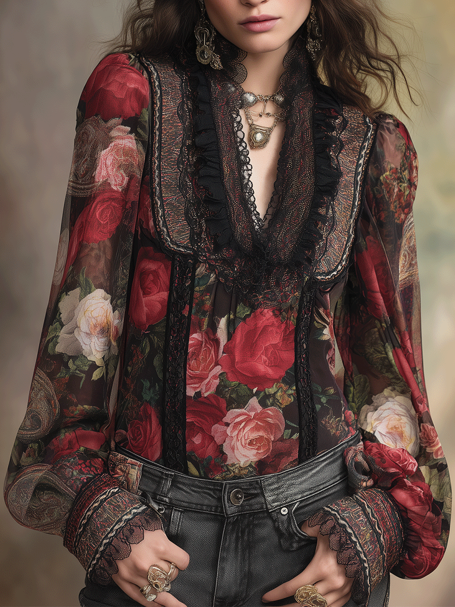 Vintage Boho Romantic Rose Lace Chiffon Blouse