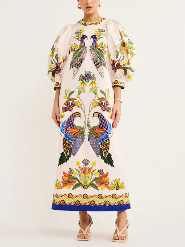 Printed Puff Sleeve Belted A-Line Maxi Dress