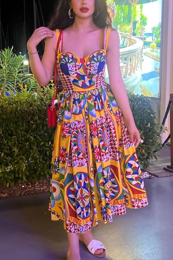Unique Sunset Walk Ethnic Pattern Print Backless Midi Dress - Fashionpara