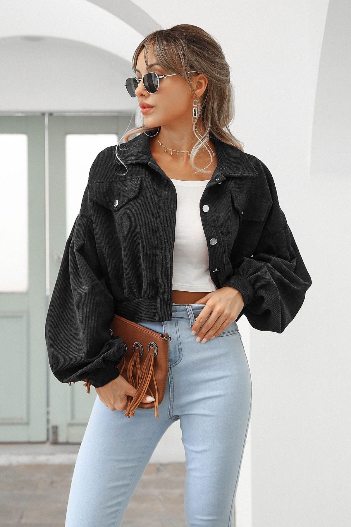 Button Up Corduroy Short Jacket Black / S