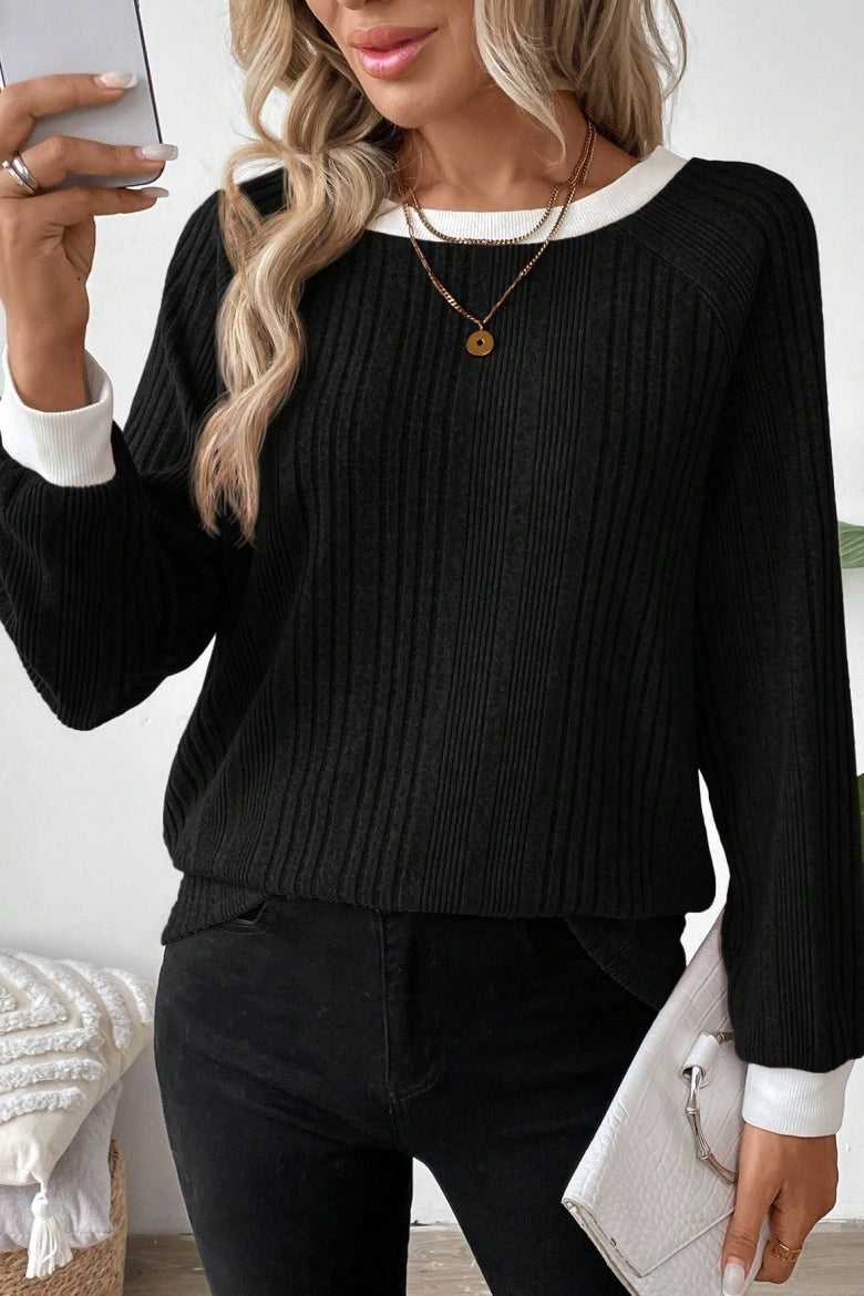 Ribbed Contrast Trim Crew Neck Knit Sweater