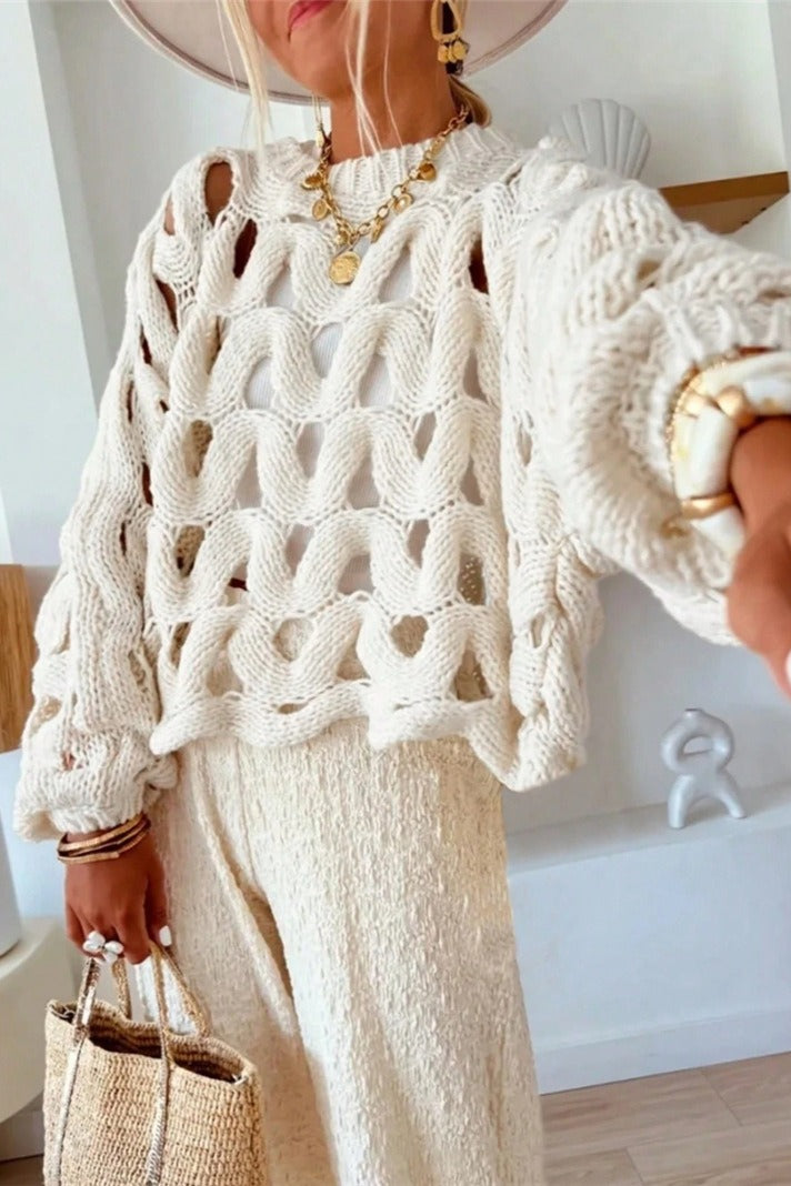 Openwork Leaf Texture Crew Neck Knit Sweater 3