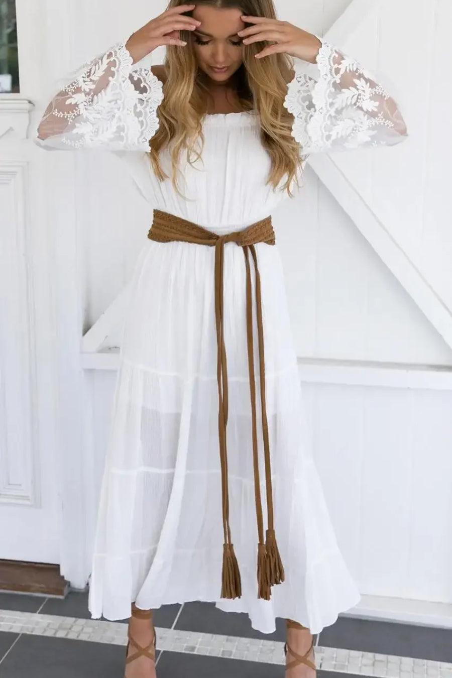 Lace Off Shoulder Long Sleeve Tiered Maxi Dress 6