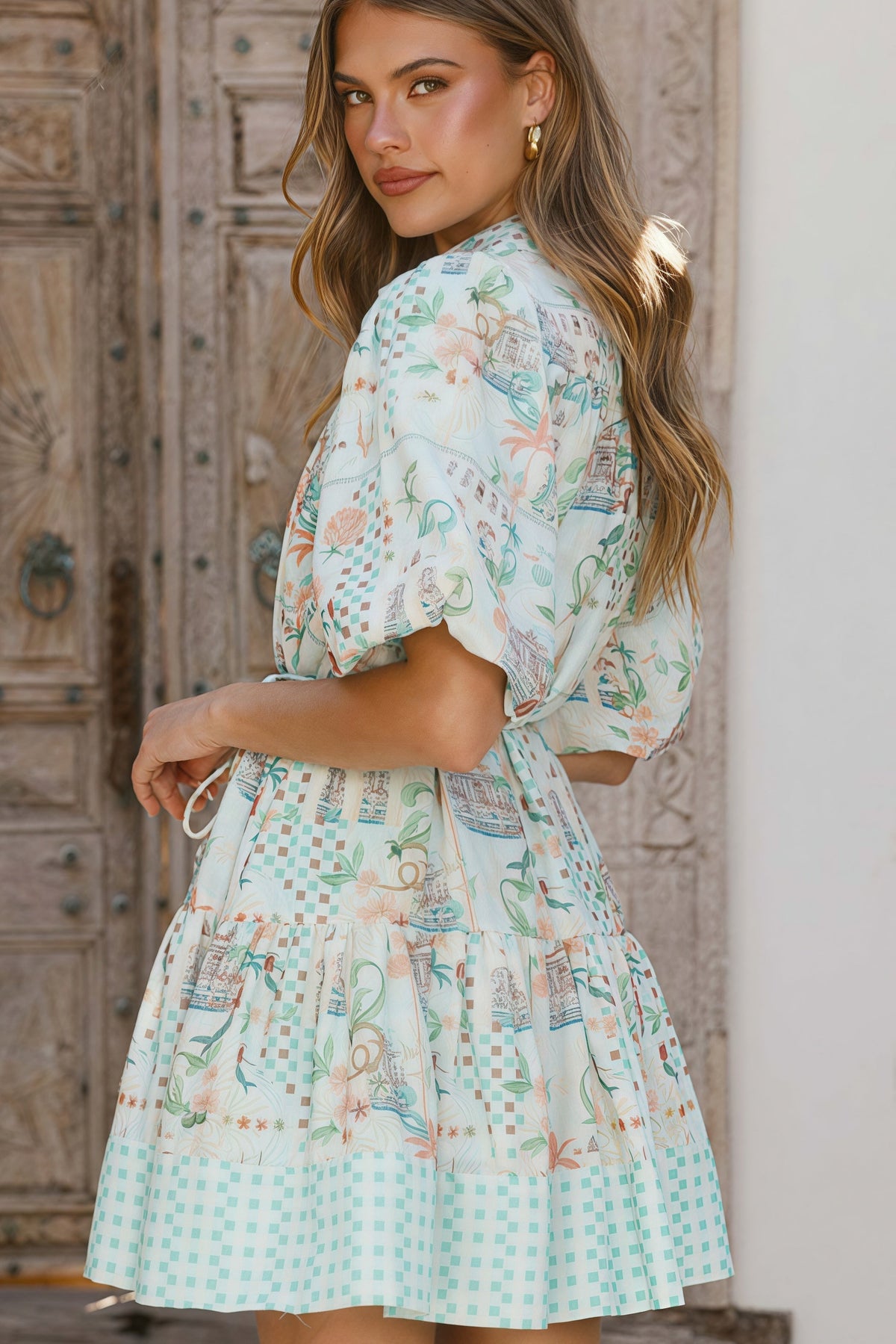Tropical Print Collared Puff Sleeve Tiered Mini Dress 6