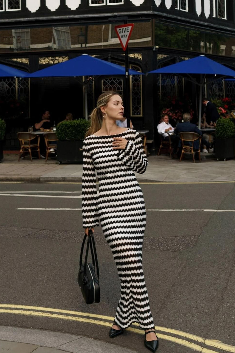 Chevron Knit Boat Neck Long Sleeve Bodycon Maxi Dress