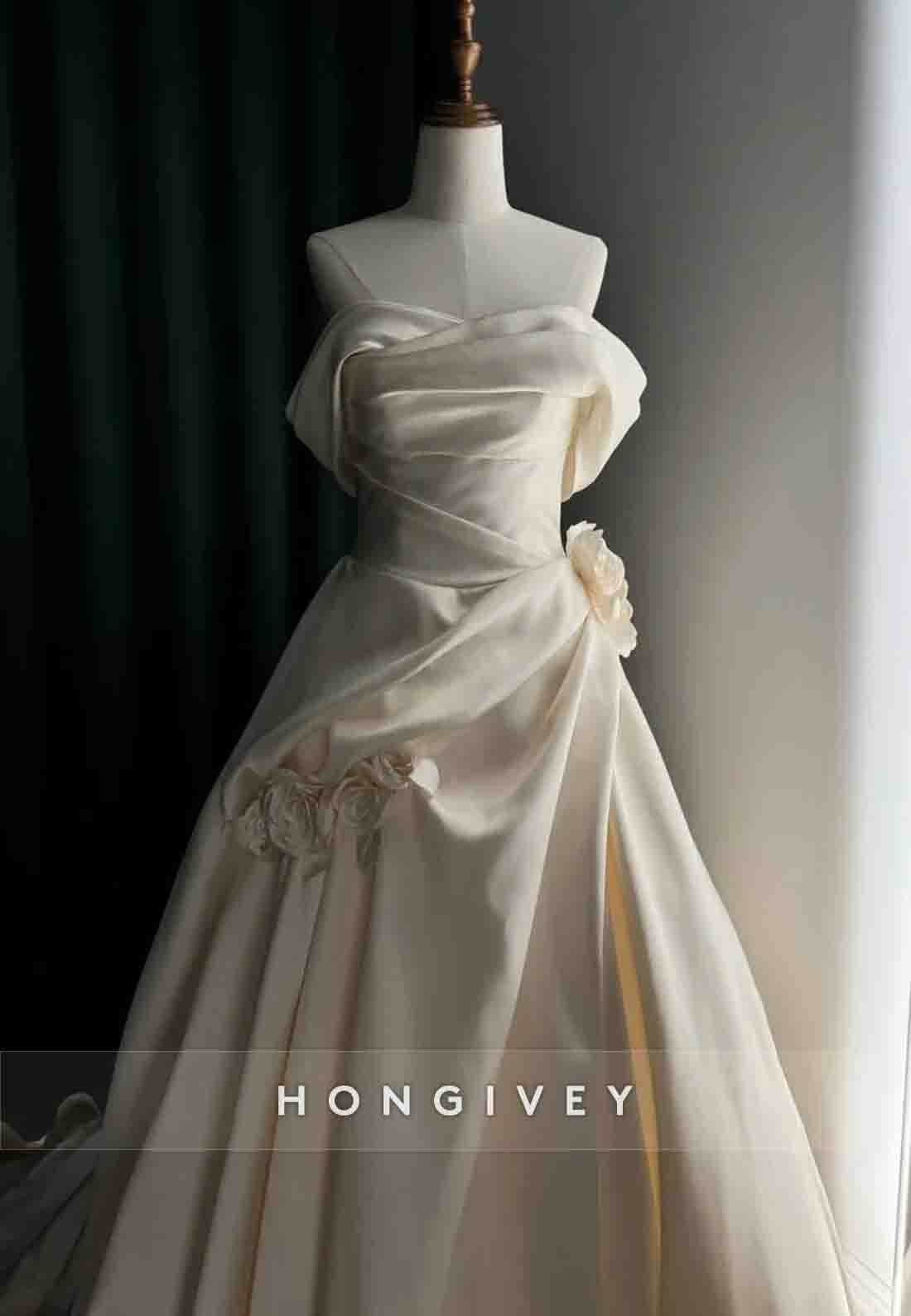 Flowers Chapel Train A-line Off the Shoulder Pleated Wedding Dresses